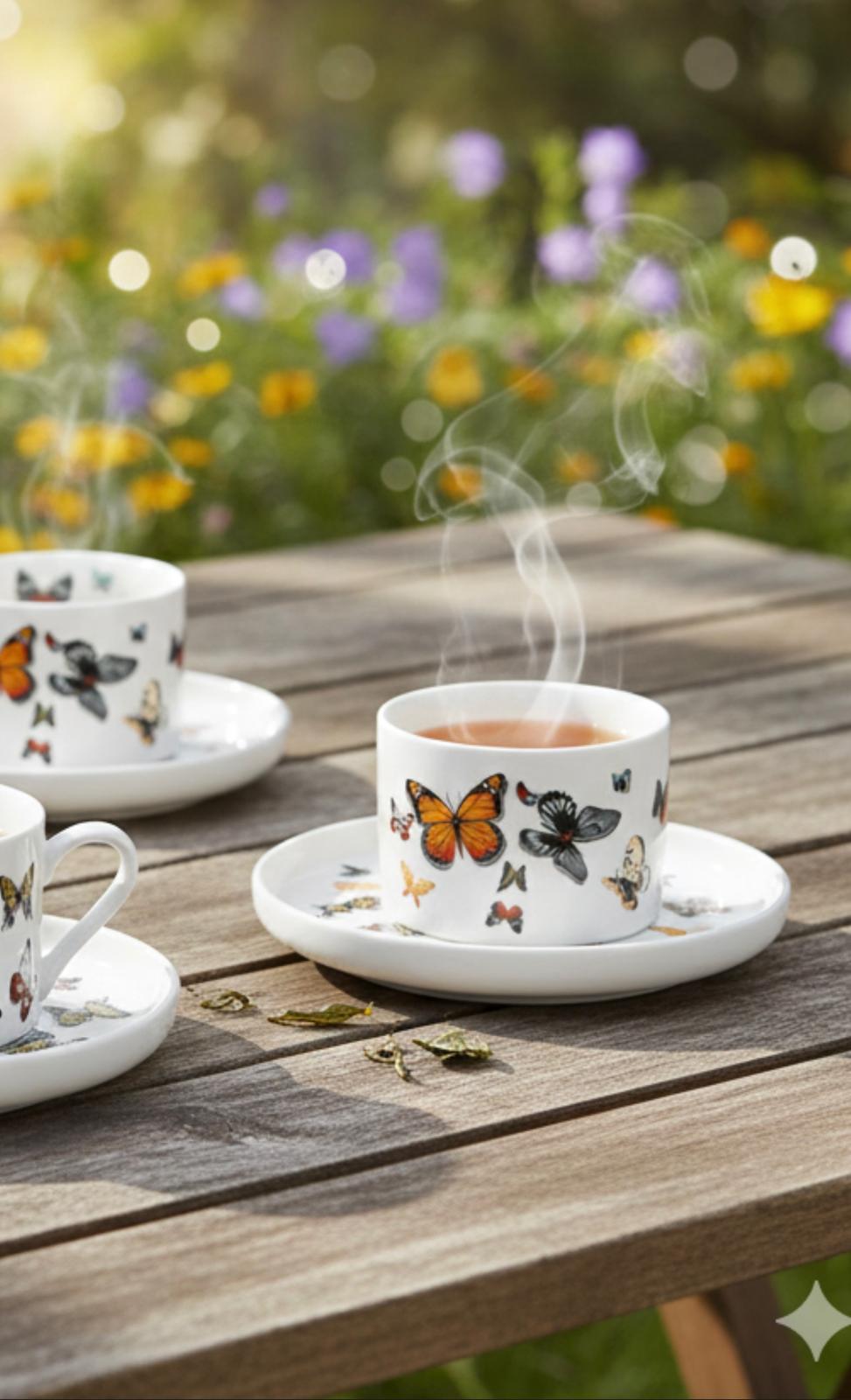 Set Tè 2 Persone in Porcellana – 2 Tazze da Tè 180 ml con 2 Piattini + Zuccheriera – Decoro Farfalle Multicolore – Servizio Tè Elegante – Microonde e Lavastoviglie