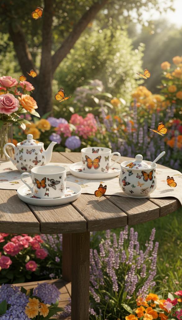 Set Tè 2 Persone in Porcellana – 2 Tazze da Tè 180 ml con 2 Piattini + Zuccheriera – Decoro Farfalle Multicolore – Servizio Tè Elegante – Microonde e Lavastoviglie