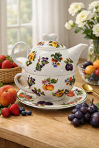 Teiera Egoist in Porcellana con Tazza e Piattino + Zuccheriera con Cucchiaino – Set Tè 1 Persona – Decoro Frutta – Servizio da Tè Elegante – Lavastoviglie e Microonde