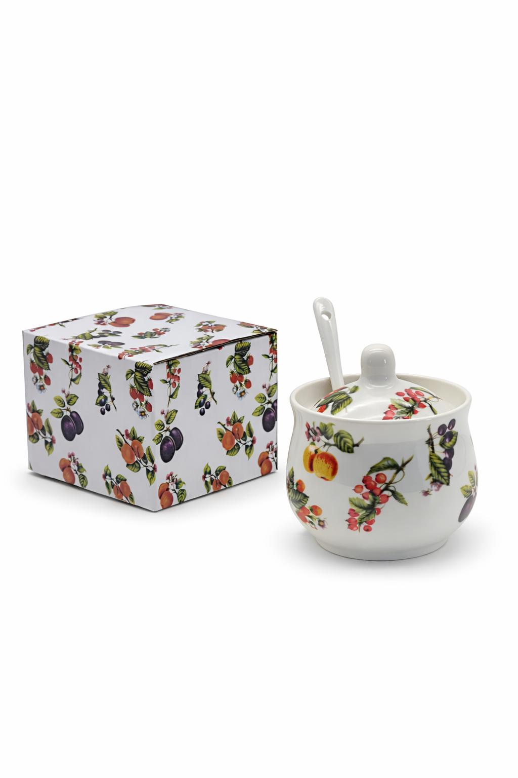Teiera Egoist in Porcellana con Tazza e Piattino + Zuccheriera con Cucchiaino – Set Tè 1 Persona – Decoro Frutta – Servizio da Tè Elegante – Lavastoviglie e Microonde