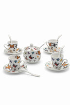 Servizio Caffè 4 Persone in Porcellana – 4 Tazzine con Piattini + 4 Cucchiaini + Zuccheriera – Decoro Farfalle – Set Espresso Elegante – Lavastoviglie e Microonde