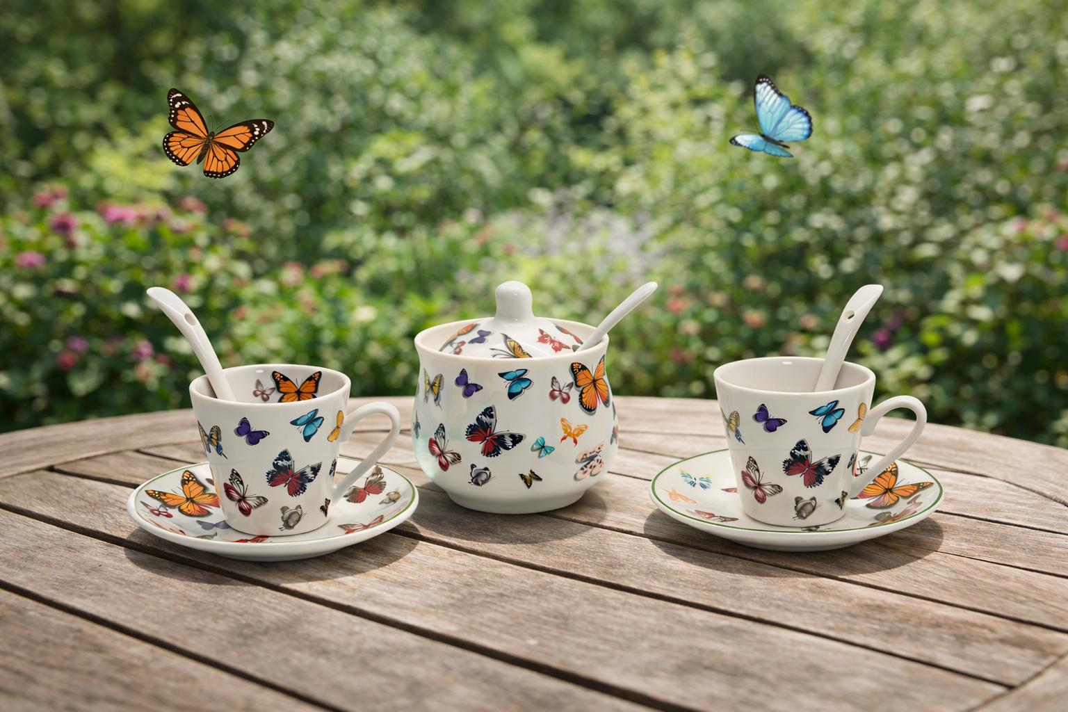 Set Caffè 2 Persone in Porcellana – 2 Tazzine Espresso con Piattini + Zuccheriera con Cucchiaino – Decoro Farfalle Multicolore – Servizio Caffè Elegante – Lavastoviglie e Microonde