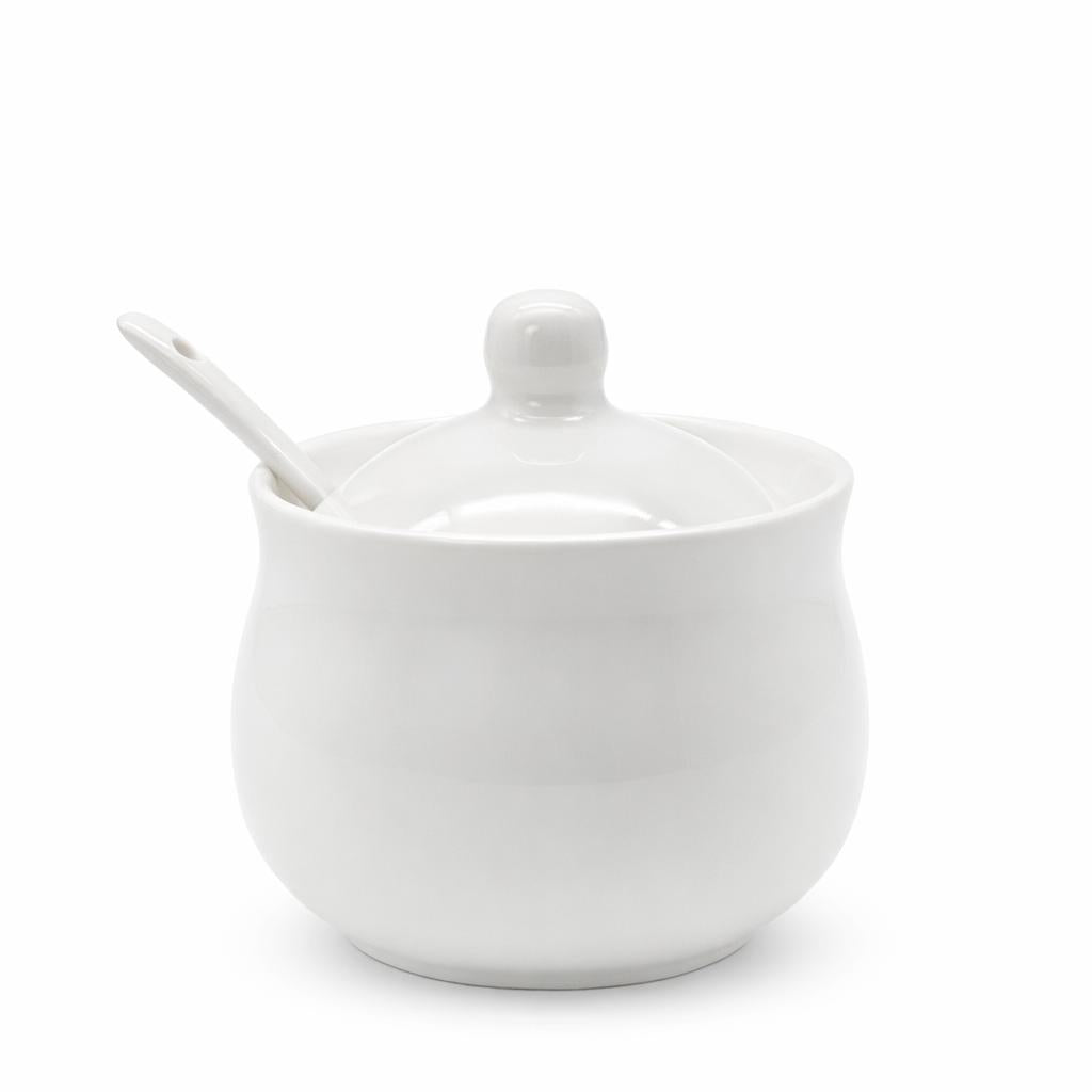 Zuccheriera 350 ml in Porcellana bianca con Cucchiaino e Coperchio