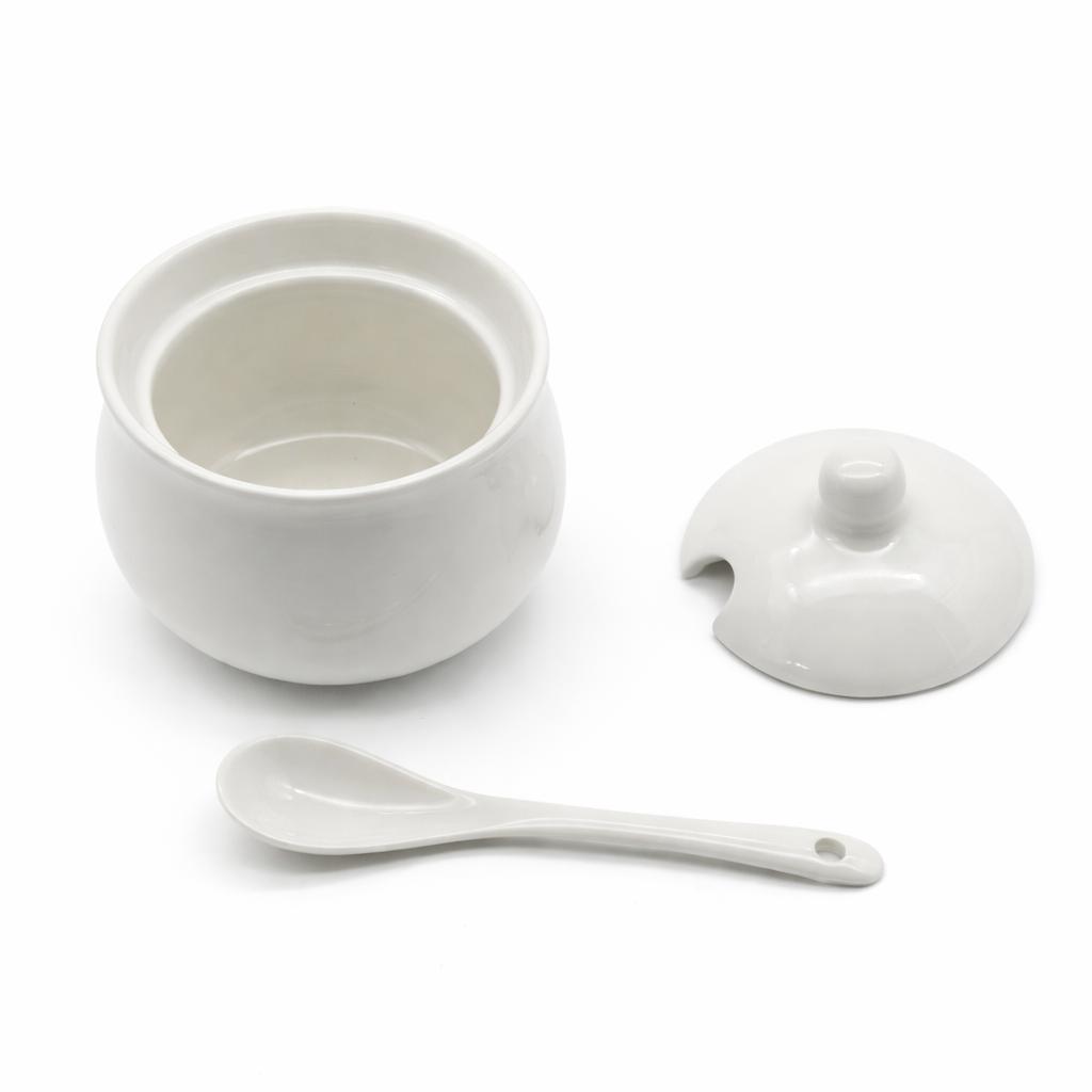 Zuccheriera 350 ml in Porcellana bianca con Cucchiaino e Coperchio