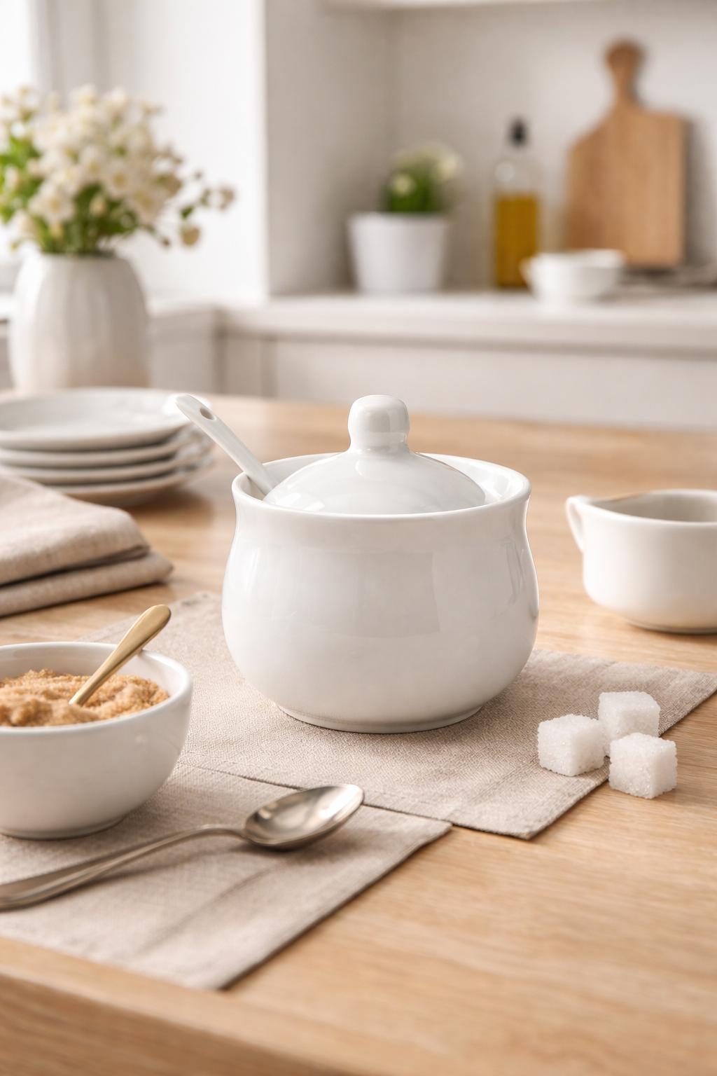 Zuccheriera 350 ml in Porcellana bianca con Cucchiaino e Coperchio