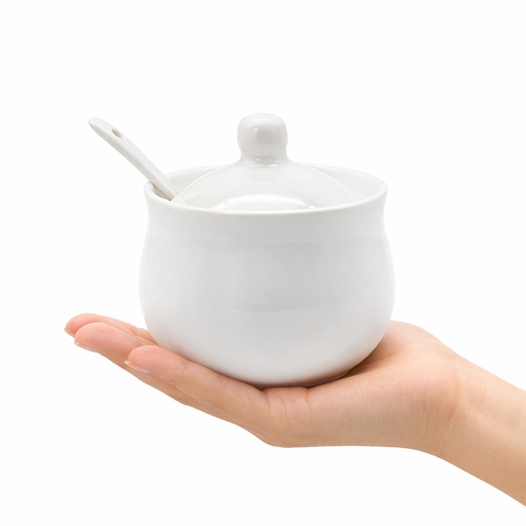 Zuccheriera 350 ml in Porcellana bianca con Cucchiaino e Coperchio