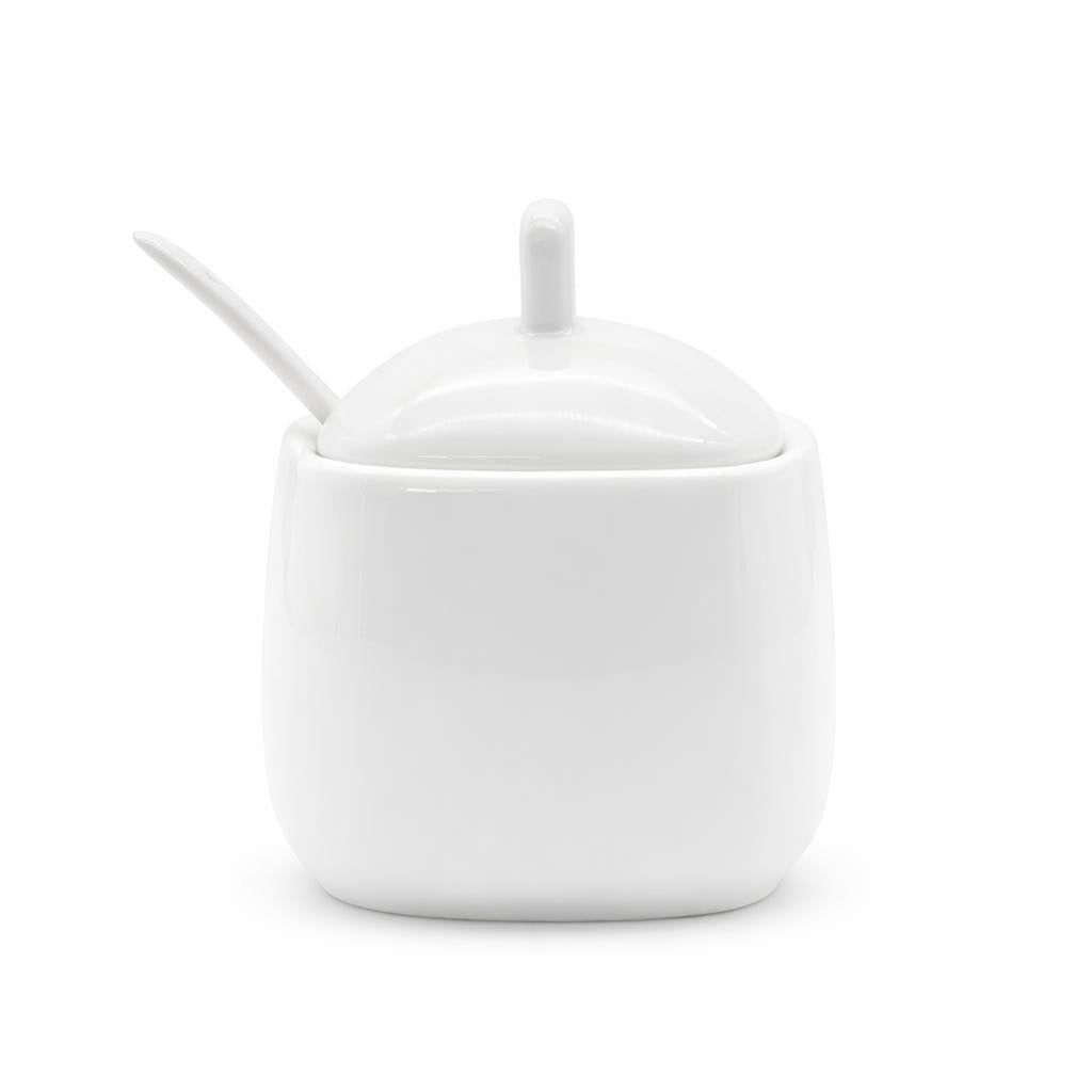 Zuccheriera quadrata da 350 ml in Porcellana bianca con Cucchiaino e Coperchio
