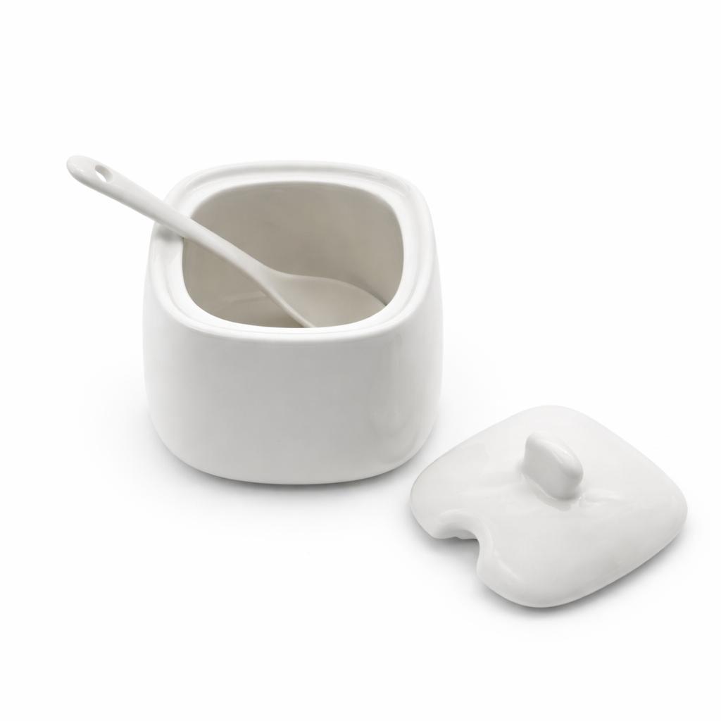 Zuccheriera quadrata da 350 ml in Porcellana bianca con Cucchiaino e Coperchio