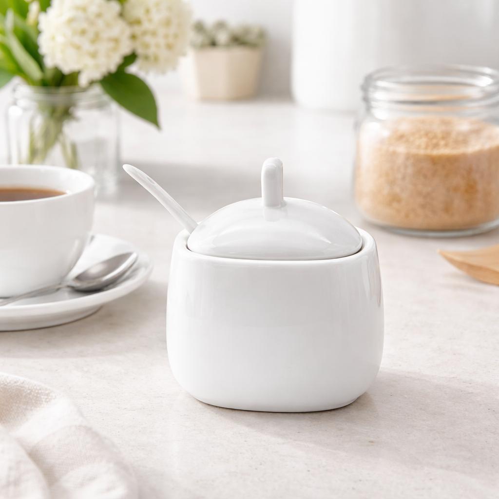 Zuccheriera quadrata da 350 ml in Porcellana bianca con Cucchiaino e Coperchio