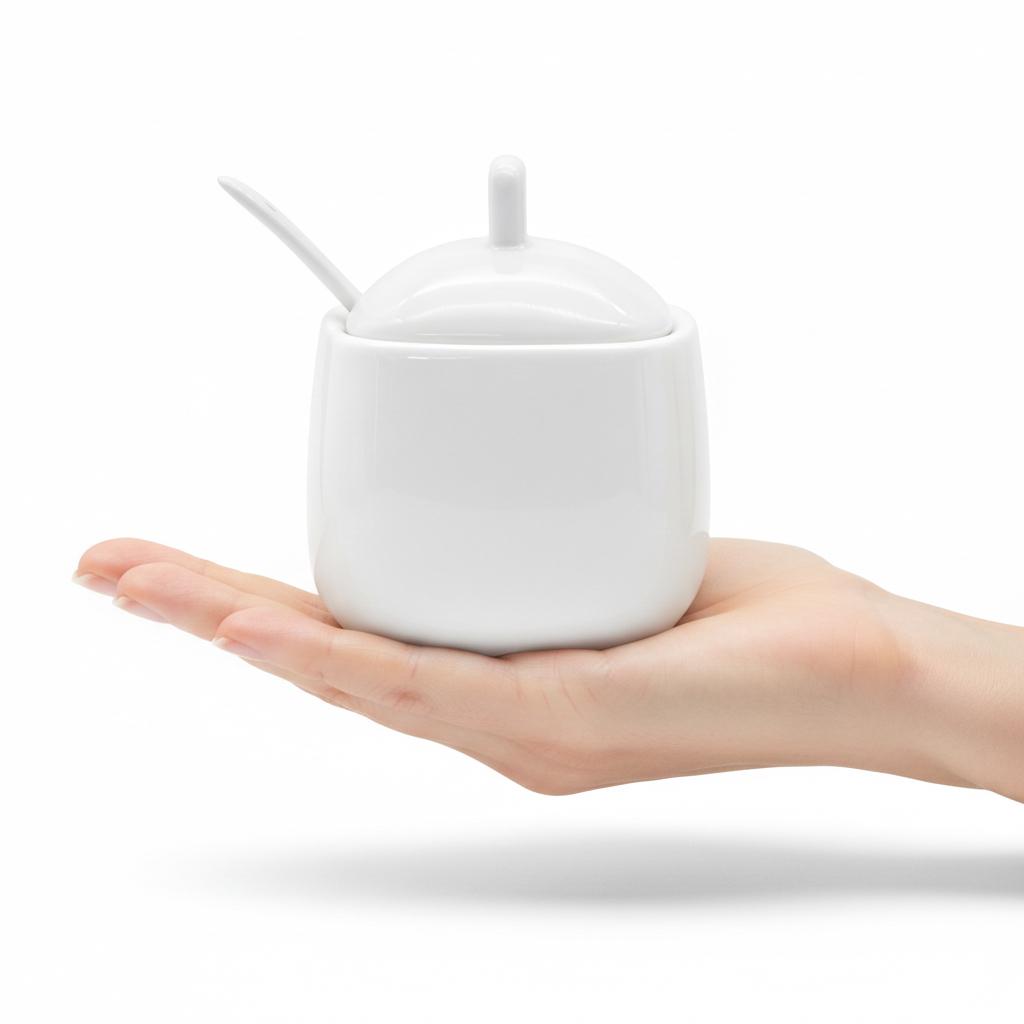 Zuccheriera quadrata da 350 ml in Porcellana bianca con Cucchiaino e Coperchio