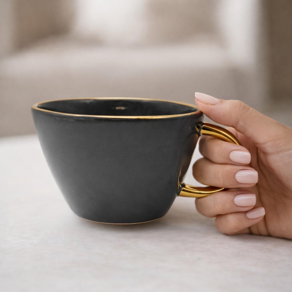 Tazza Latte Lady grande Grigio scuro in Porcellana con Manico Oro 400 ml