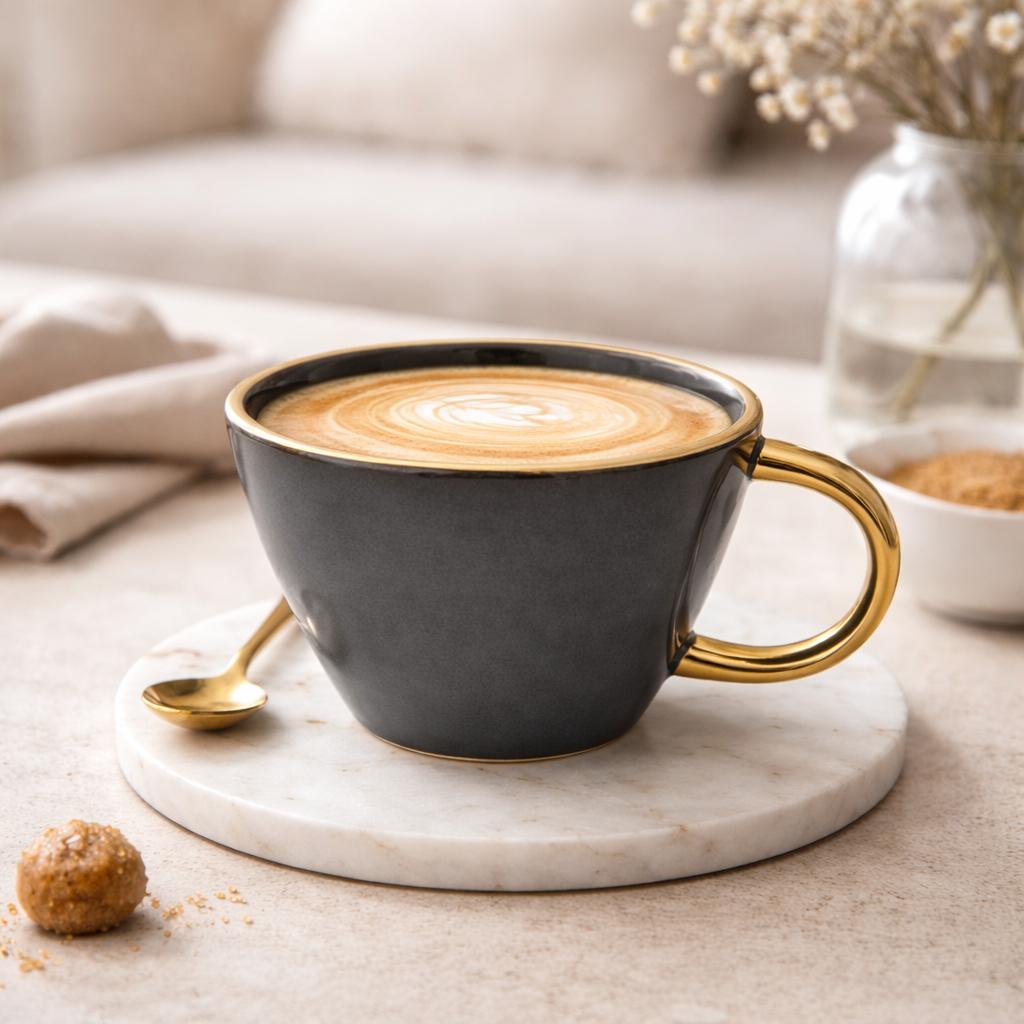 Tazza Latte Lady grande Grigio scuro in Porcellana con Manico Oro 400 ml