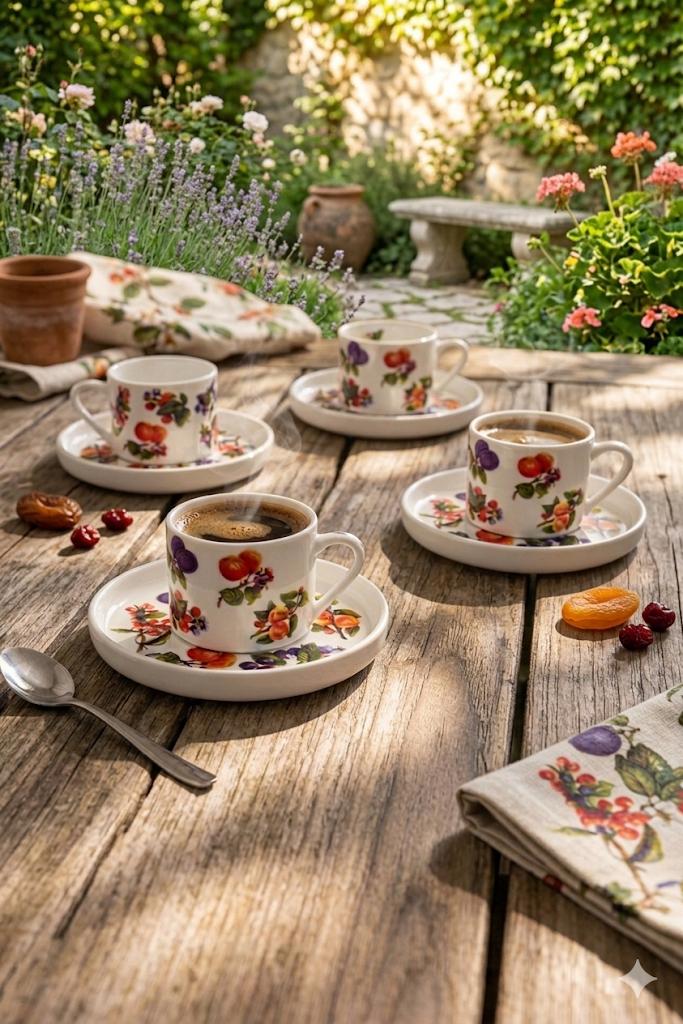 Set 4 Tazze da Caffè con Piattino 90 ml in Porcellana Decorata