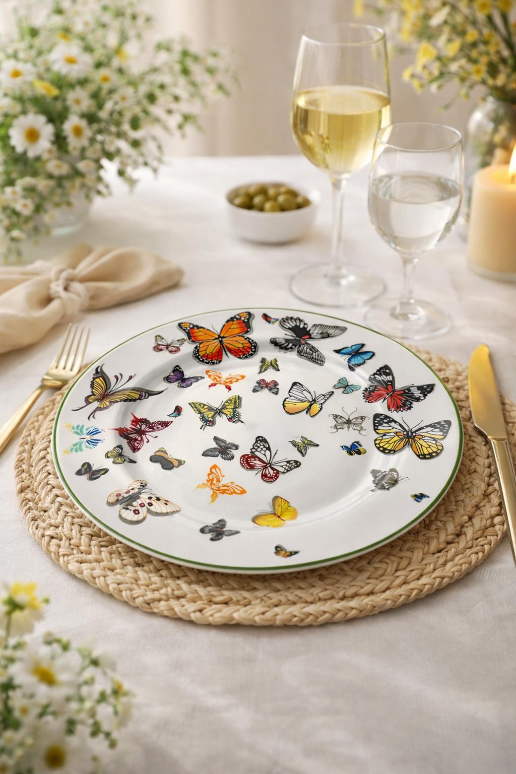 Servizio Piatti 18 Pezzi in Porcellana Decorata Farfalle