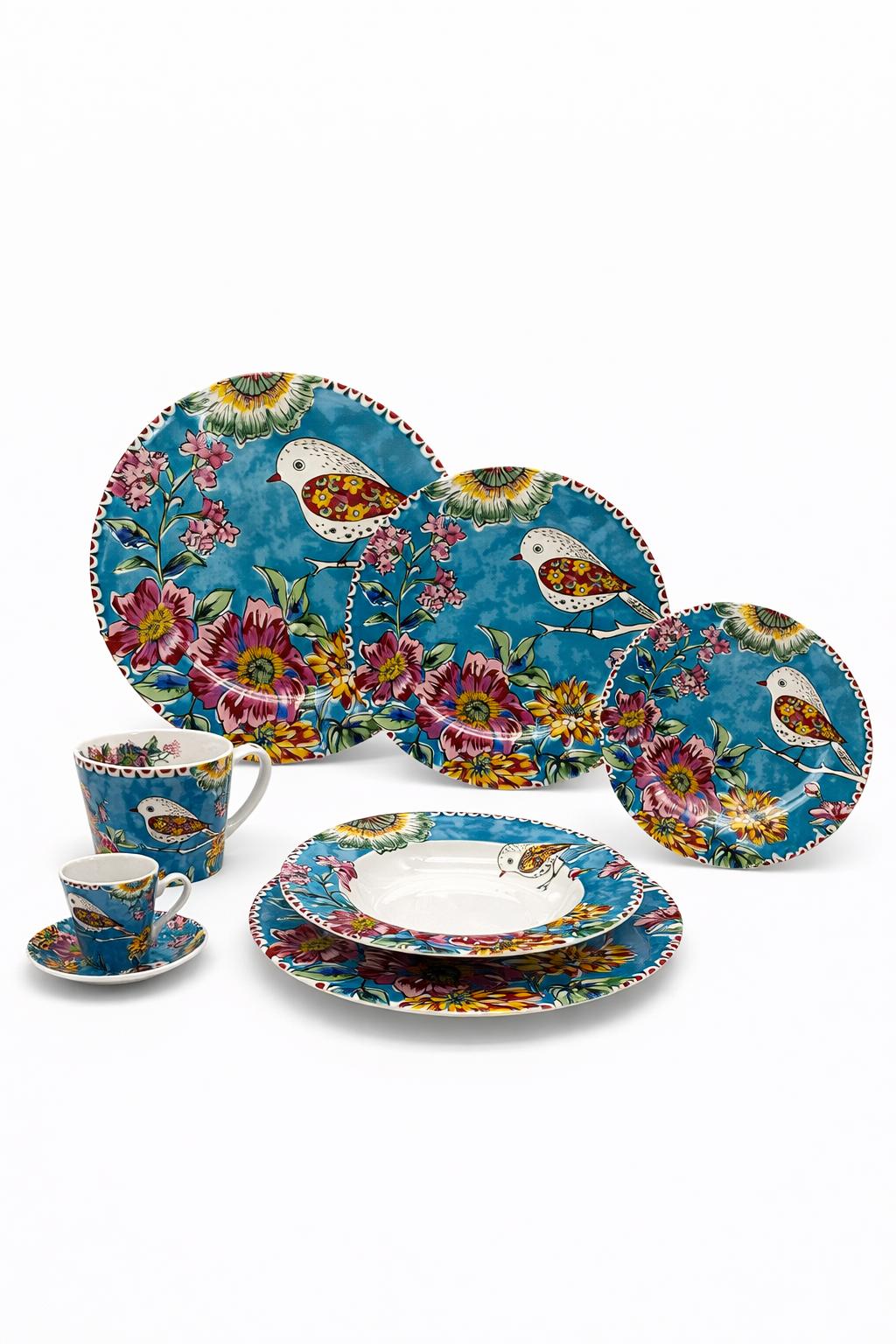 Servizio Piatti 18 Pezzi in Porcellana Japan Birds Blu
