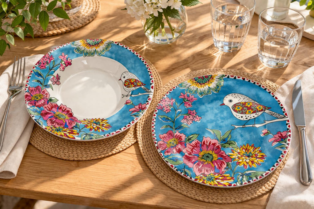 Servizio Piatti 18 Pezzi in Porcellana Japan Birds Blu