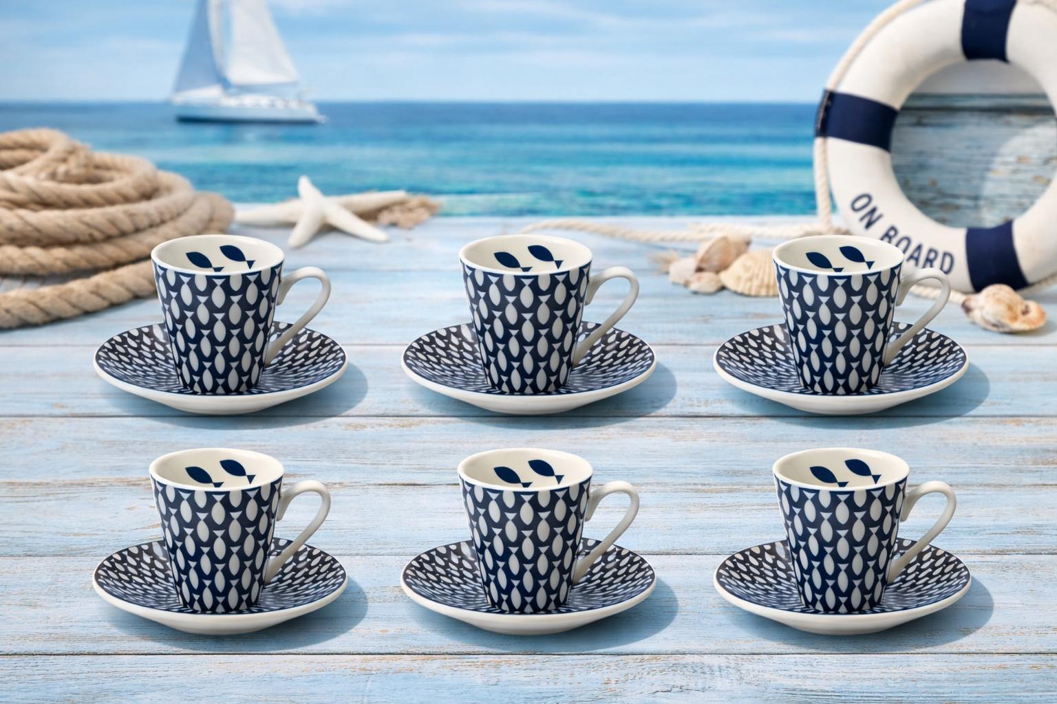 Set 6 tazzine da caffè con piattini in porcellana decoro fish – servizio espresso elegante – idea regalo