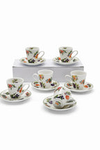 Set 6 tazzine da caffè con piattini in porcellana decoro frutta – servizio espresso elegante – idea regalo