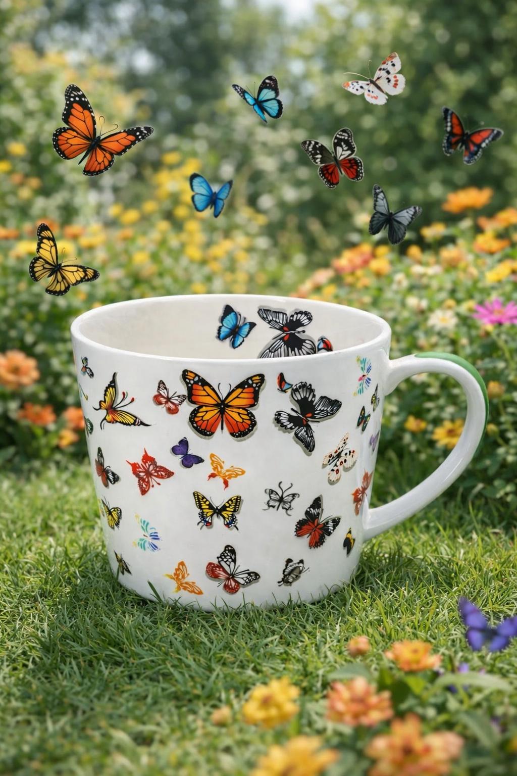 Tazza da latte grande in porcellana 450 ml decorata con farfalle – tazza colazione elegante – idea regalo