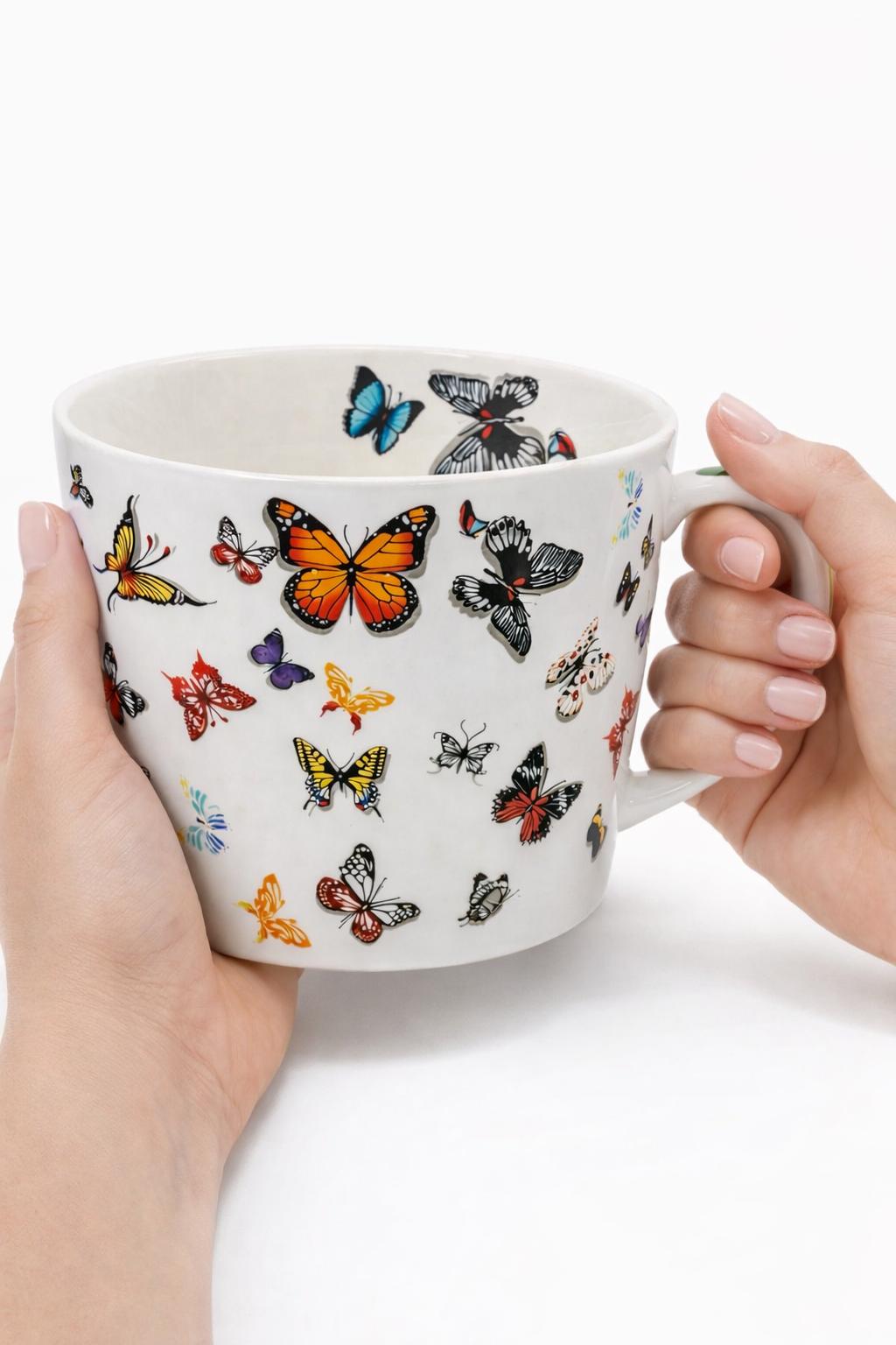Tazza da latte grande in porcellana 450 ml decorata con farfalle – tazza colazione elegante – idea regalo