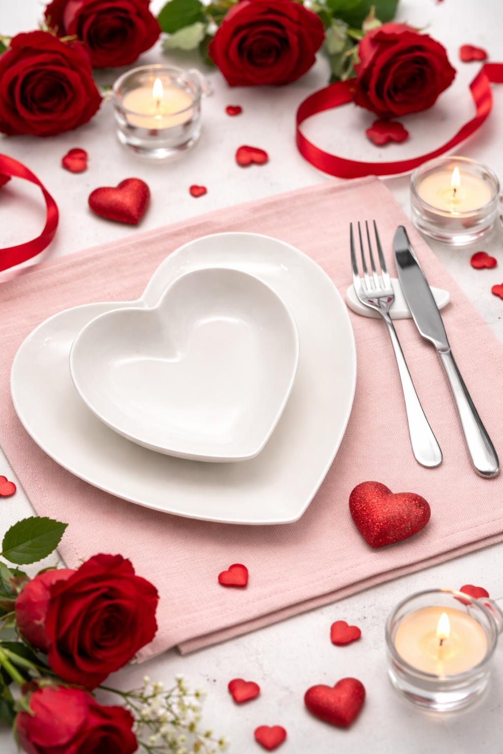 Set 2 Piatti Love – 1 Piatto Piano + 1 Piatto Fondo in Porcellana Bianca a Cuore, Servizio Romantico San Valentino