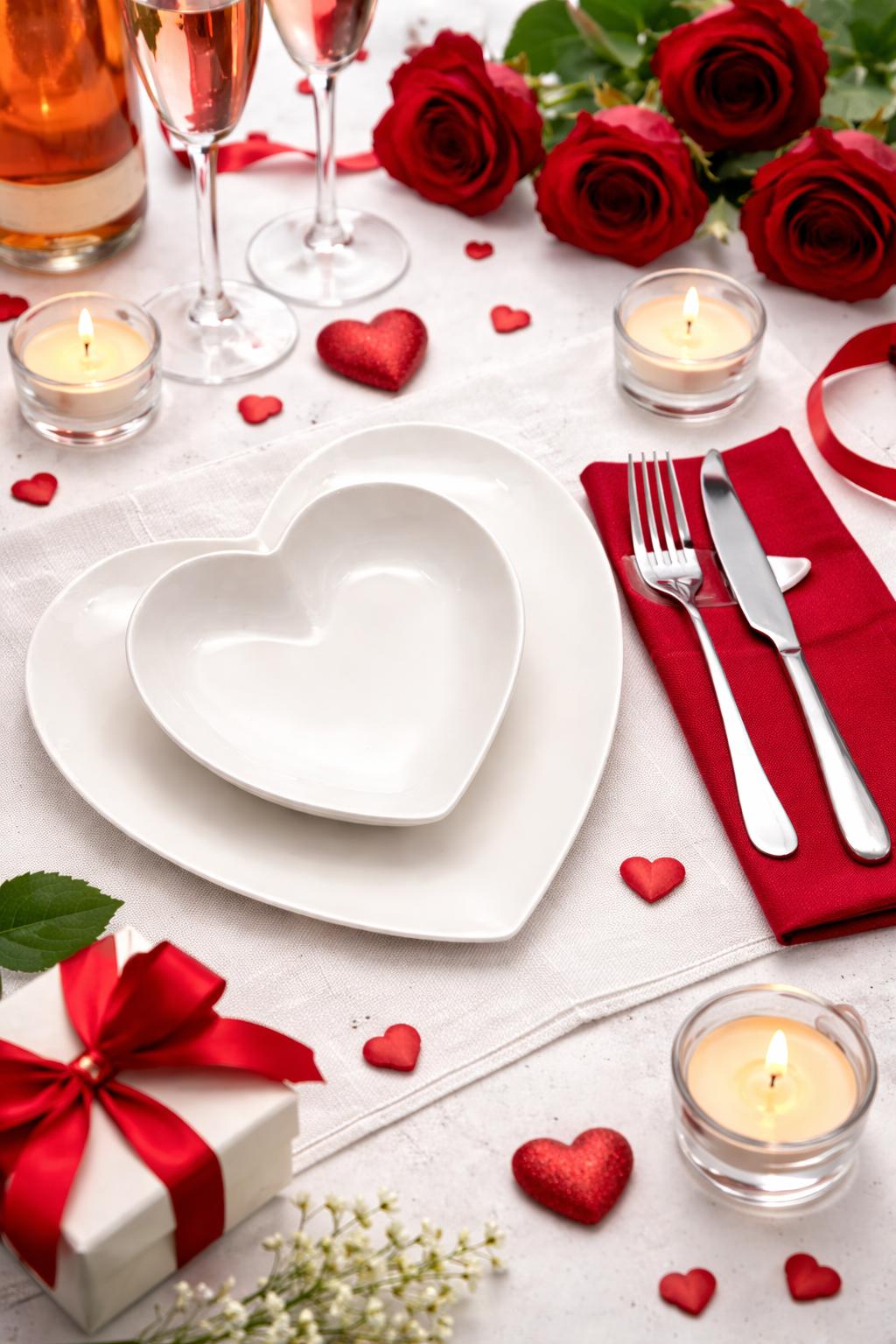 Set 2 Piatti Love – 1 Piatto Piano + 1 Piatto Fondo in Porcellana Bianca a Cuore, Servizio Romantico San Valentino