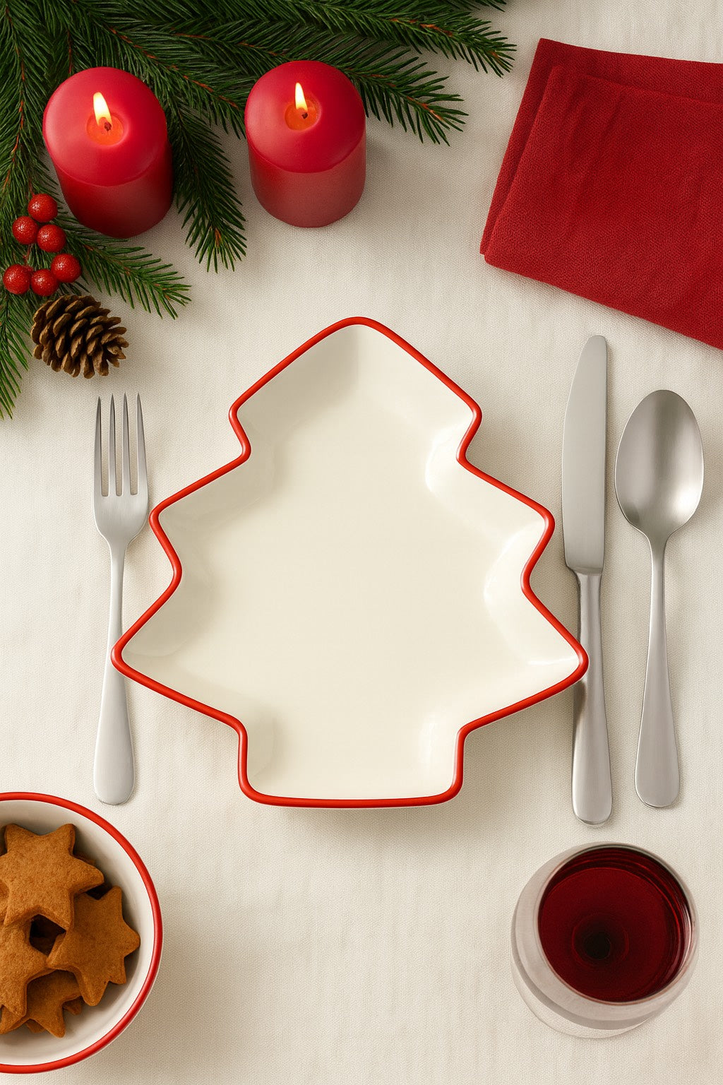 Piatto in Porcellana a Forma di Albero di Natale con Bordino Rosso – 25 x 20,5 cm