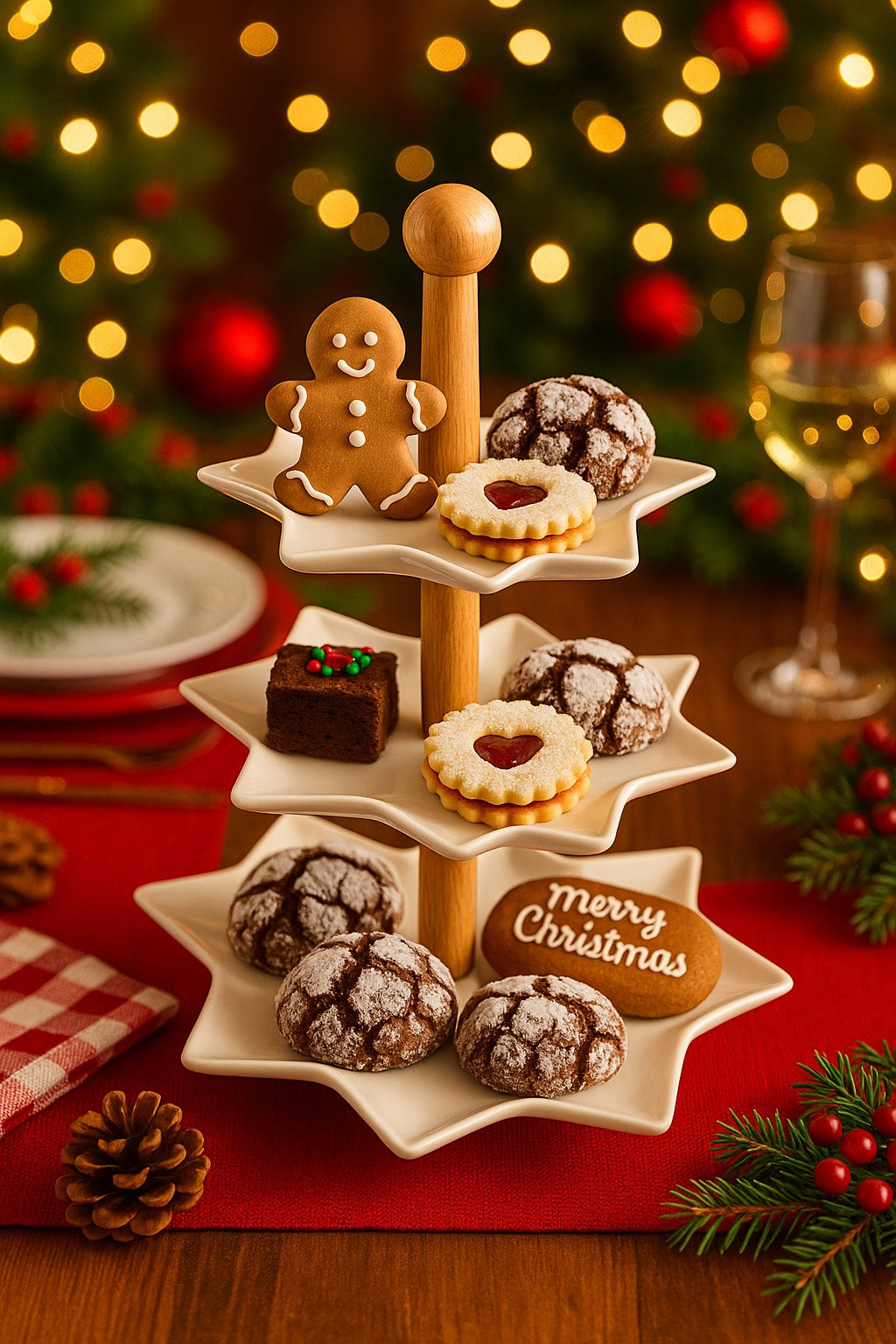 Alzatina 3 Piani a Forma di Stella in Porcellana con Supporto in Legno