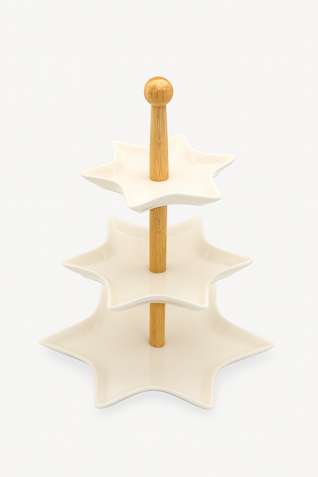 Alzatina 3 Piani a Forma di Stella in Porcellana con Supporto in Legno