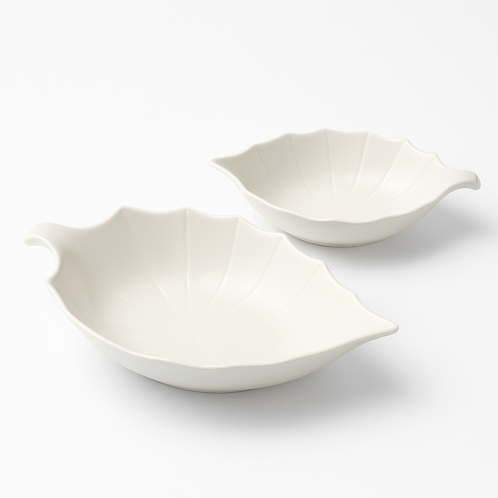 Set 2 Piatti da Portata / Insalatiera in Porcellana a Forma di Foglia – 30×21x9 cm / 24×16x7 cm