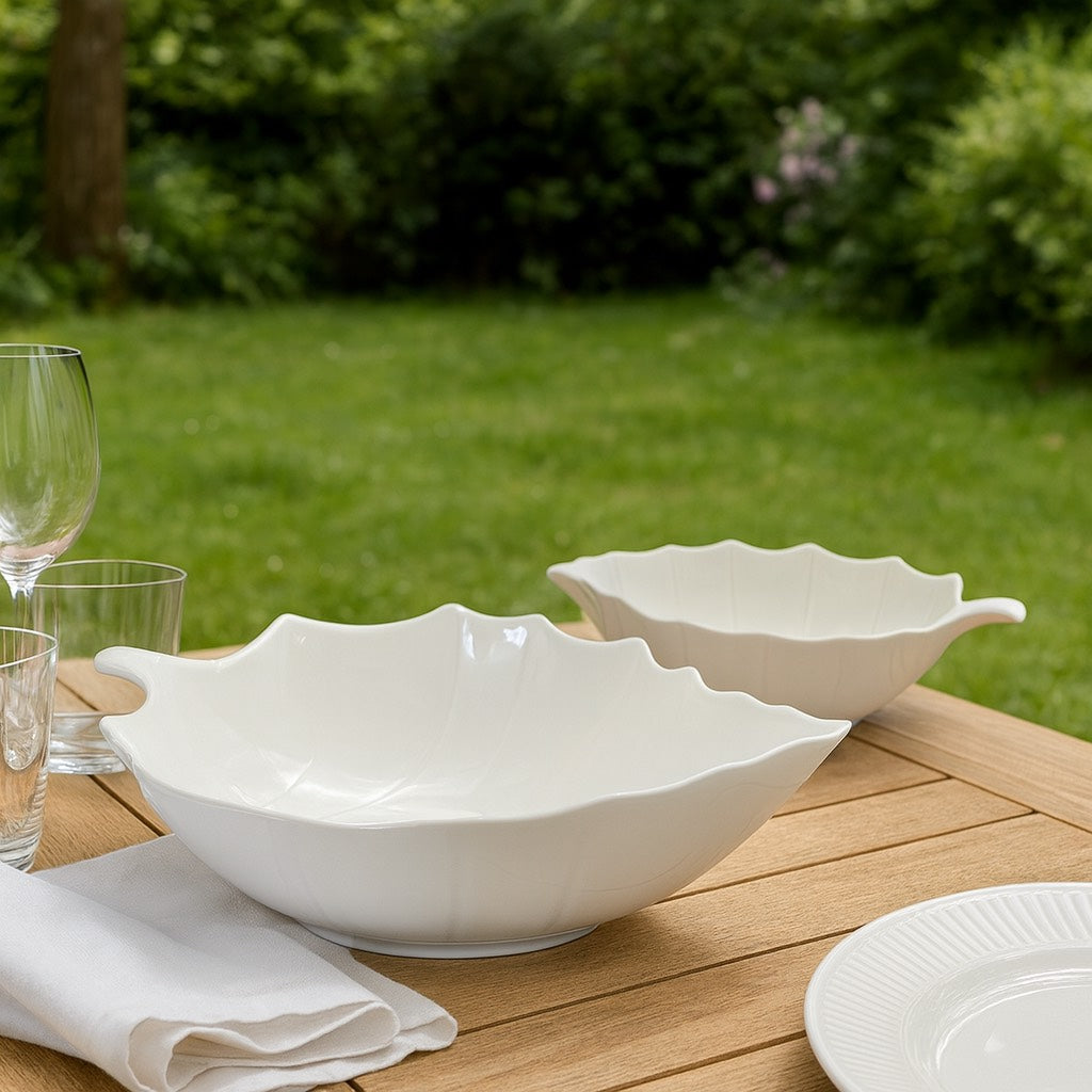 Set 2 Piatti da Portata / Insalatiera in Porcellana a Forma di Foglia – 30×21x9 cm / 24×16x7 cm
