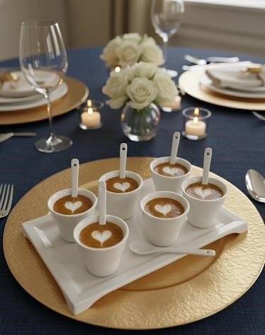 Set 6 Bicchierini da Caffè con 6 Cucchiaini e Vassoio in Porcellana