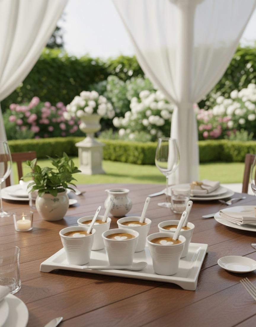 Set 6 Bicchierini da Caffè con 6 Cucchiaini e Vassoio in Porcellana