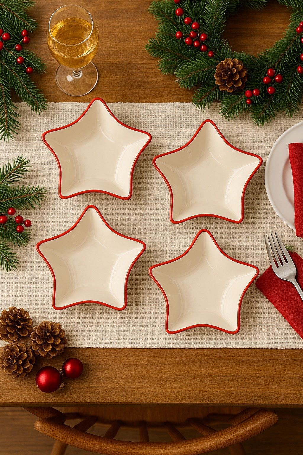 Set 4 Piatti a Forma di Stella con Bordino Rosso – 20 cm