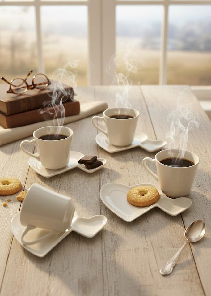 Set 4 Tazze Caffè LOVE con Piattino – Porcellana Bianca 90 ml